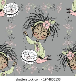 Seamless pattern with a cute little black girl needlewoman embroidering on an embroidery frame. Vector