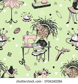 Seamless pattern with cute little black-skinned dressmaker and sewing accessories. Vector