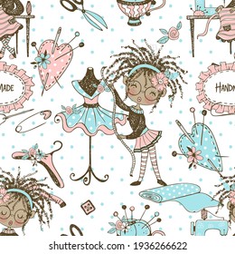 Seamless pattern with cute little black-skinned dressmaker and sewing accessories. Vector