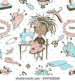 Seamless pattern with cute little black-skinned dressmaker and sewing accessories. Vector