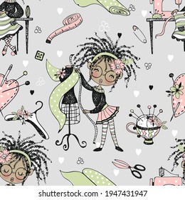 Seamless pattern with cute little black-skinned dressmaker and sewing accessories. Vector