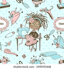 Seamless pattern with cute little black-skinned dressmaker and sewing accessories. Vector