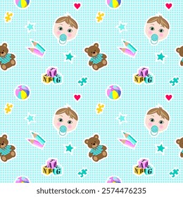 seamless pattern with cute little boy, bear and other toys, and blue polka dots background