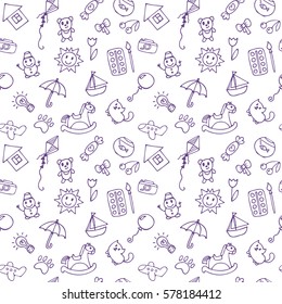 Seamless pattern for cute little boys and girls. Doodle children drawing background. Hand drawn children drawings. Vector illustration