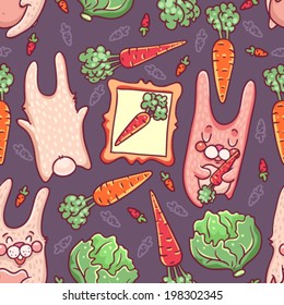 Seamless pattern with cute little bunnies and carrots.