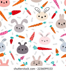 Seamless pattern with cute little bunnies and carrots. Nursery style. Hand drawn background with rabbits. Vector illustration