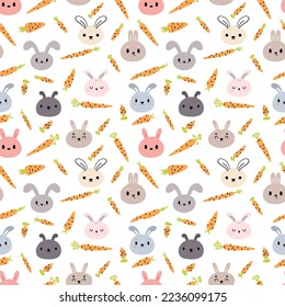 Seamless pattern with cute little bunnies and carrots. Hand drawn background with rabbits. Nursery style. Vector illustration