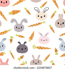 Seamless pattern with cute little bunnies and carrots. Hand drawn background with cartoon rabbits. Nursery style. Vector illustration