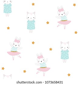 Seamless pattern with cute little bunny and kitten. Vector hand drawn illustration.