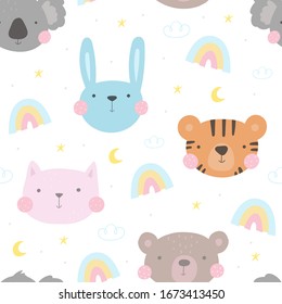 Seamless pattern with cute little bunny, koala, tiger, cat. vector illustration. Vector print with rabbit, koala, tiger, cat,