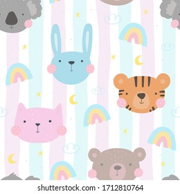 Seamless pattern with cute little bunny, koala, tiger, cat. vector illustration. Vector print with rabbit, koala, tiger, cat,