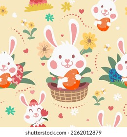 Seamless pattern cute little bunny with eggs in easter festival.Vector illustration.