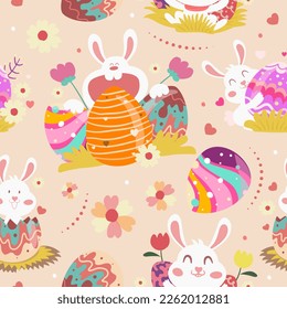 Seamless pattern cute little bunny with eggs in easter festival.Vector illustration.