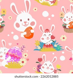 Seamless pattern cute little bunny with eggs in easter festival.Vector illustration.