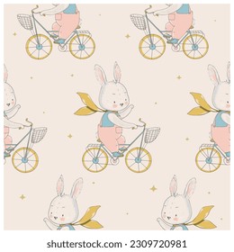 Seamless Pattern with Cute little Bunny girl rides a bike .Hand drawn vector illustration, can be used for kid's or baby's shirt design, fashion print design, fashion graphic, t-shirt, kids wear