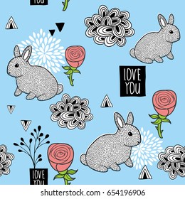Seamless pattern with cute little bunny and pink roses. Vector illustration.