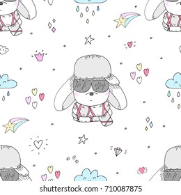 Seamless pattern with cute little bunny. vector illustration.