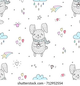 Seamless pattern with cute little bunny. vector illustration.