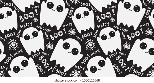 Seamless pattern with cute little cartoon ghosts on black background. Halloween boo funny symbols flying above the ground. Vector hand-drawn illustration. 