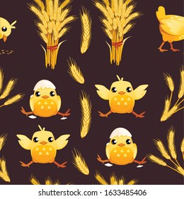 Seamless pattern of cute little cartoon chick with hat from egg shell and without cartoon character design flat vector illustration