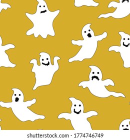 Seamless pattern with cute little cartoon ghosts. White ghosts on a yellow background. Illustration for Halloween. Pattern for paper, textiles, games, web design.