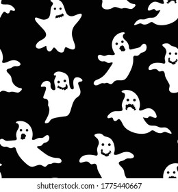 Seamless pattern with cute little cartoon ghosts. White ghosts on a black background. Illustration for Halloween. Pattern for paper, textiles, games, and web design.