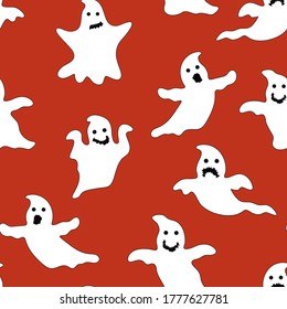 Patrón sin foco con pequeños y lindos fantasmas de dibujos animados. Espíritus blancos en un fondo rojo. Ilustración para Halloween. Patrón de papel, textiles, juegos y diseño web.