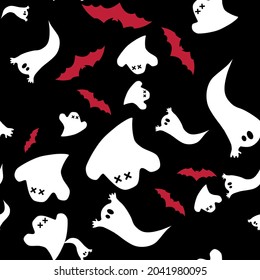 Seamless pattern of cute little cartoon ghosts and red bats on a black background. Background with a simple creepy character and scary ghostly monsters. For fabric and wrapping paper for Halloween.