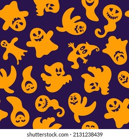 Seamless pattern of cute little cartoon ghosts on lilac background. Seamless vector pattern for Halloween design.
