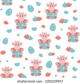 Seamless Pattern With Cute Little Cartoon Red Dragons In Broken Egg Shell. Perfect For Fabric, Wall Or Wrapping Paper