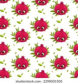 Seamless pattern from cute little cartoon emoji  red pomegranate on white background