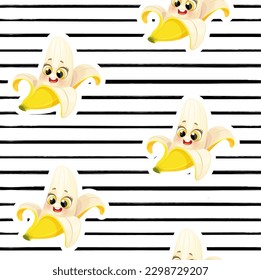 Seamless pattern from cute little cartoon emoji fruits banana on striped background