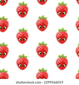Patrón sin foco de la tierna caricatura emoji fresa madura roja sobre fondo blanco