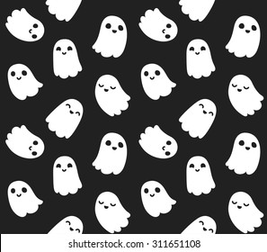 Seamless pattern of cute little cartoon ghosts on black background.