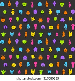Seamless pattern of cute little cartoon monsters with different shapes, colors and facial expressions. Neon creatures on dark background.