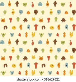 Seamless pattern of cute little cartoon monsters with different shapes, colors and facial expressions.