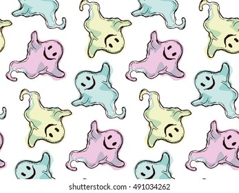 Seamless pattern of cute little cartoon ghosts on color background. Hand drawn vector illustration.
