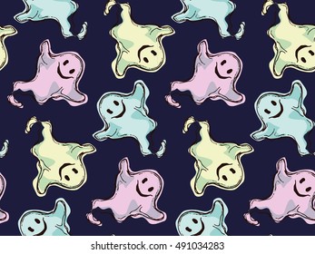 Seamless pattern of cute little cartoon ghosts on color background. Hand drawn vector illustration.