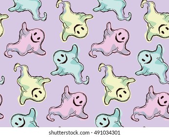 Seamless pattern of cute little cartoon ghosts on color background. Hand drawn vector illustration.
