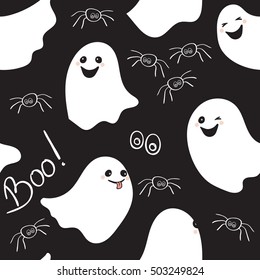 Seamless pattern of cute little cartoon ghosts on black background. Design for textile, paper, wrapping. Vector illustration.