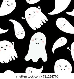 Seamless pattern with cute little cartoon ghosts. White ghosts on black background. Halloween illustration. Pattern for paper, textile, game, web design.