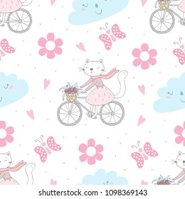 Seamless pattern with cute little cat. vector illustration