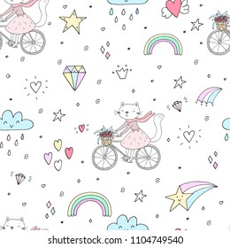 Seamless pattern with cute little cat. vector illustration