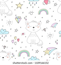 Seamless pattern with cute little cat. vector illustration