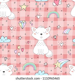 Seamless pattern with cute little cat. vector illustration