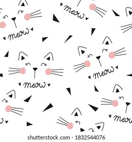 Seamless pattern with cute little cat. vector illustration. Vector print with kitten