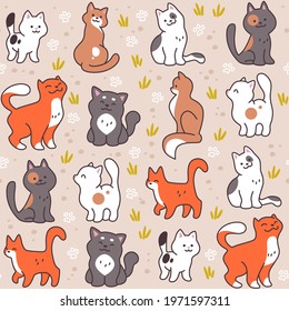 Seamless pattern with cute little cat silhouettes isolated on white background. Vector cartoon flat illustration. For nursery decor, wrapping paper, packaging design.