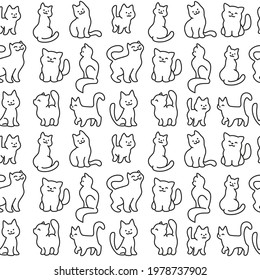 Seamless pattern with cute little cat silhouettes isolated on white background. Vector outline flat illustration. For nursery decor, wrapping paper, packaging design.