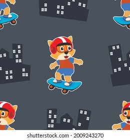 seamless pattern with cute little cat on  skate board, For fabric textile, nursery, baby clothes, background, textile, wrapping paper and other decoration.