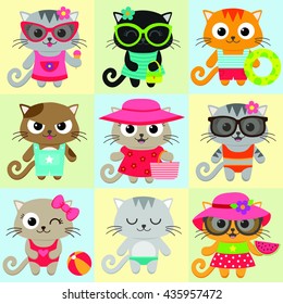 Seamless pattern with cute little cat girls and boys